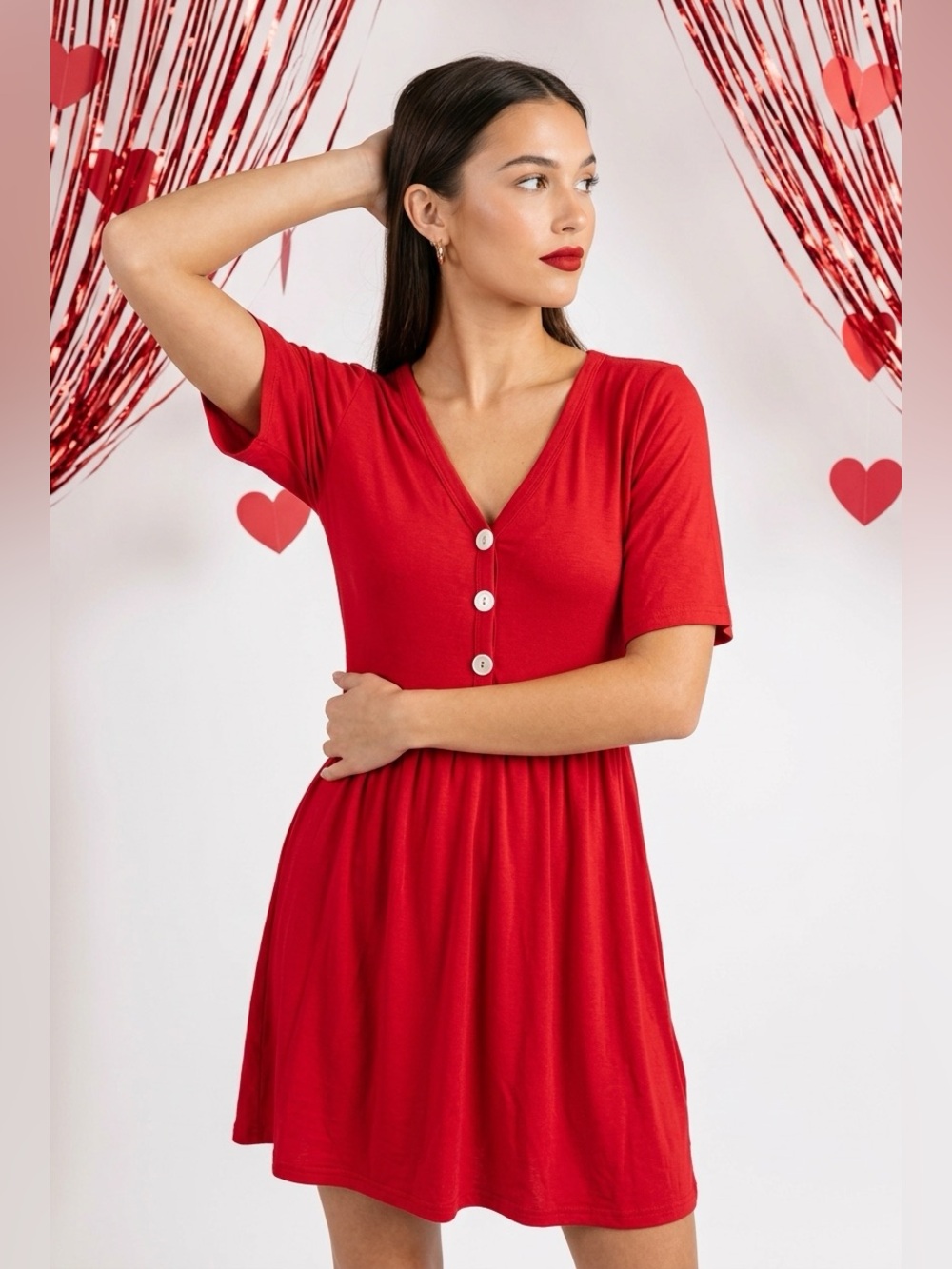 Red V-Neck Dress with Buttons